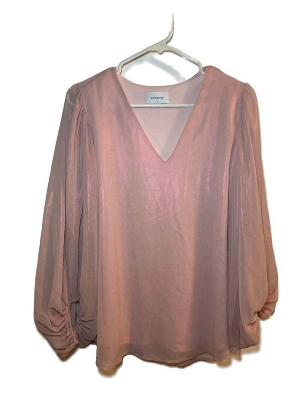 Adrienne Women's Metallic Pink V-Neck Blouse with‎ Balloon Sleeves